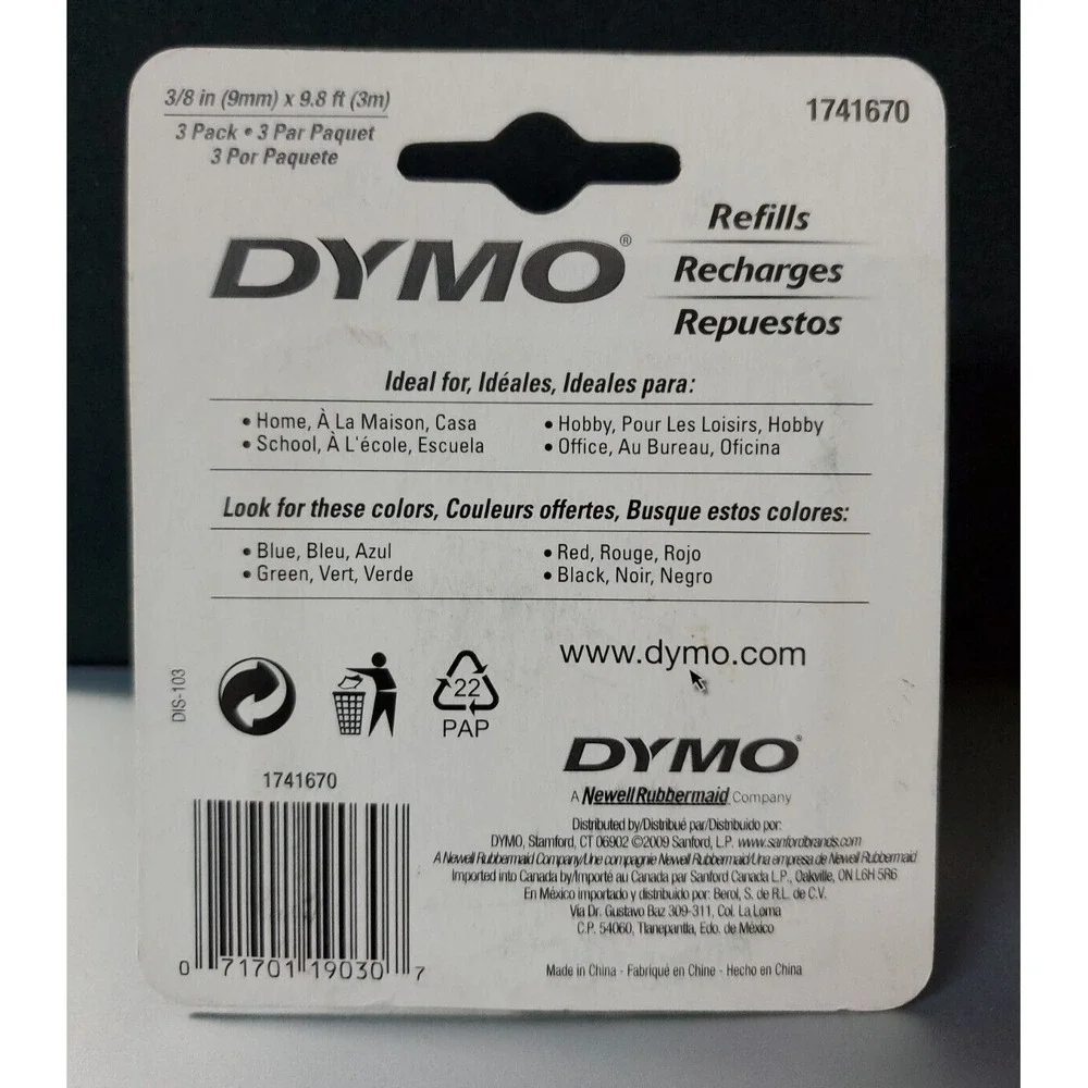 DYMO 3D Embosser Tape 3 Roll Pack Embossing Labels Refill Black‎ 1741670